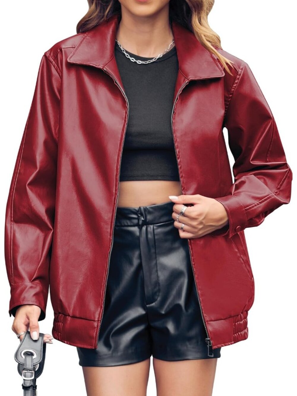 Women's Dark Red Faux Leather Oversized Bomber Jacket ZIP Up Casual Warm Coat
